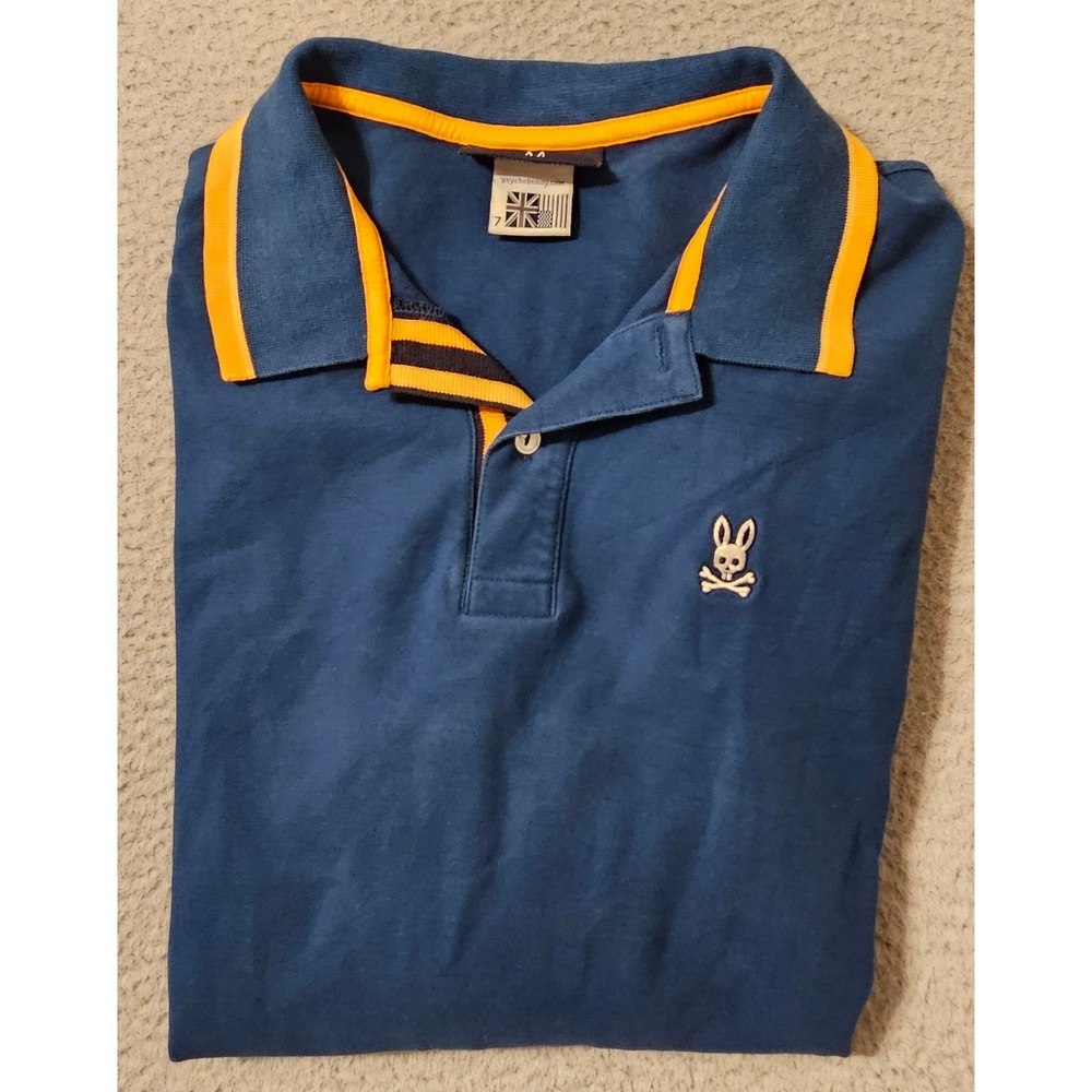 Psycho Bunny Mens Long Sleeve Pima Cotton Polo Shirt Blue Orange Size 7 / XL